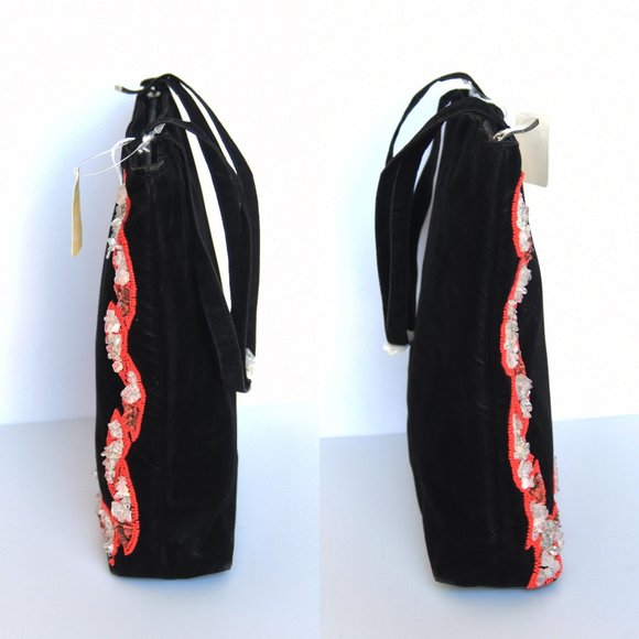 Vintage NEW w/tag Velvet Beaded Black Bag, Ermo Collection Rock/Clear/Seed Beads - Picture 5 of 15
